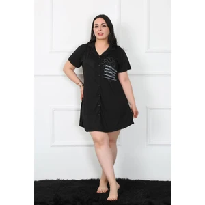 Büyük Beden Penye Düğmeli Siyah Tunik Gecelik 1025