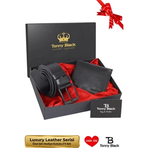 Tonny Black Orijinal Erkek Özel Hediye Kutulu 2'li Set Luxury Serisi Hediyelik Aksesuar Kutusu Çeyiz Düğün Baba İçin Damat Takımı Şık Klasik Deri Kemer ve Cüzdan Seti