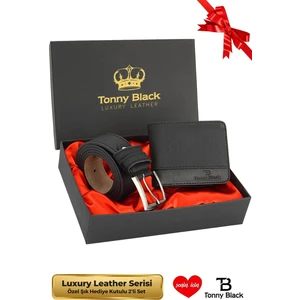Tonny Black Orijinal Erkek Özel Hediye Kutulu 2'li Set Luxury Serisi Hediyelik Aksesuar Kutusu Çeyiz Düğün Baba İçin Damat Takımı Şık Klasik Baba Deri Kemer ve Cüzdan Seti