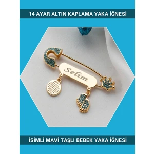Sahi Aksesuar 14 Ayar Altın Kaplama Isimli Mavi Taşlı Bebek Yaka Iğnesi BEZYI415