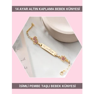 Sahi Aksesuar 14 Ayar Altın Kaplama Isimli Pembe Taşlı Bebek Künyesi BEZYI416