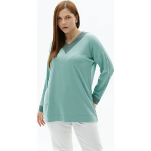 Büyük Beden Simli Ribanalı Uzun Kol Penye Bluz