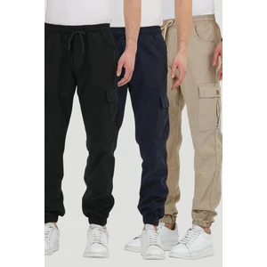 Bel Ve Paçası Lastikli 3 Lü Kargo Cep Pantolon Siyah-Lacivert-Taş Renkleri Çok Renkli