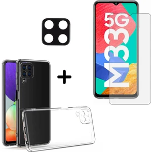Samsung Galaxy M33 5g ile Uyumlu Kılıf Şeffaf Temperli Kırılmaz Cam Ekran ve Kamera Lens Koruyucu Seti