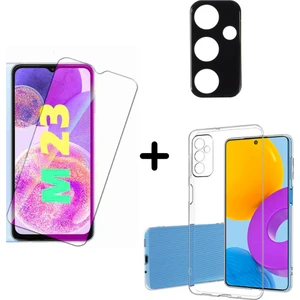Samsung Galaxy M23 5g ile Uyumlu Kılıf Şeffaf Temperli Kırılmaz Cam Ekran ve Kamera Lens Koruyucu Seti