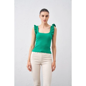 Tenda Moda Tena Moda Kadın Benetton Yeşil Kolları Fırfırlı Kolsuz Kaşkorse Bluz