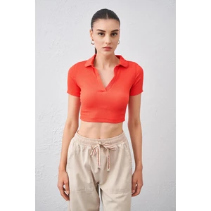 Tena Moda Kadın Nar Polo Yaka Bürümcük Kumaş Crop