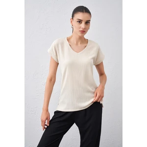 Tena Moda Kadın Taş V Yaka Düşük Kol Bürümcük Kumaş Bluz