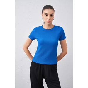 Tena Moda Kadın Saks Bisiklet Yaka Bürümcük Kumaş Bluz