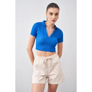 Tena Moda Kadın Saks Polo Yaka Bürümcük Kumaş Crop