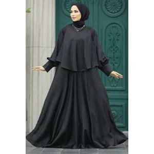 Neva Style Tesettür Abiye Elbise - Pelerinli Siyah Tesettür Abiye Elbise 6051S