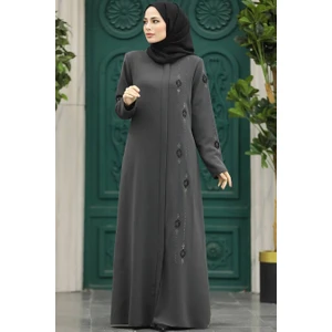 Neva Style - Boncuk Işlemeli Füme Tesettür Ferace 61358FU