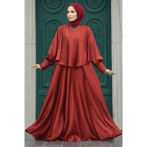 Neva Style Tesettür Abiye Elbise - Pelerinli Kiremit Tesettür Abiye Elbise 6051KRMT