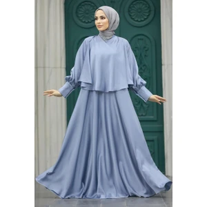 Neva Style Tesettür Abiye Elbise - Pelerinli Mavi Tesettür Abiye Elbise 6051M