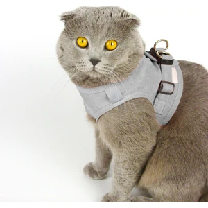 Kedi Gezdirme Tasması - Kedi Tasması Göğüs Tasma Seti Yumuşak Süet Kumaş Gri Renk