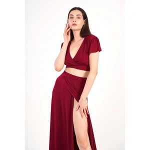 giyadda Kadın Bordo Kruvaze Yaka Crop - Yırtmaçlı Crop - Etek Ikili Takım / Elbise