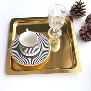 Gold Altın Kare Paslanmaz Çelik Kahve Servis Sunum Tepsi & Tabağı 6'lı 21 x 21 cm