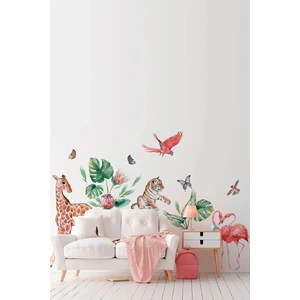 Kt Grup Tropikal Safari Yavru Hayvanlar Zürafa Kaplan Flamingo Papağan ve Kelebekler Duvar Sticker Seti