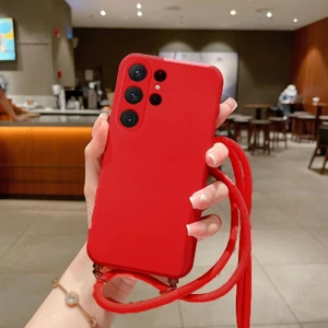 Galaxy M22  ile Uyumlu Ipli Boyun Askılı Silikon Kılıf Kadife Iç Yüzeyli Epiphany Kılıf Kırmızı