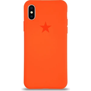 Kzy Apple iPhone Xs Max ile Uyumlu Kapak Yıldız Logolu Içi Kadife Lansman Silikon Kılıf - Turuncu