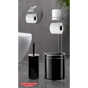 Okyanus Home Krom Yedekli Wc Kağıtlık Yuvarlak Siyah Çöp Kovası ve Wc Fırça Seti
