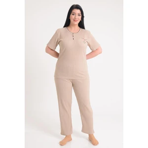 Pınkmark Kadın Bej Kısa Kol Nakışlı Büyük Beden Pijama Takımı PMTK25603