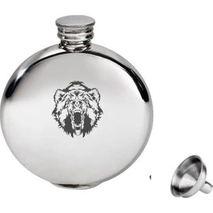 Yuvarlak Çelik Cep Matarası Krom 5 Oz 150ML Vahşi Ayı (Hunili)