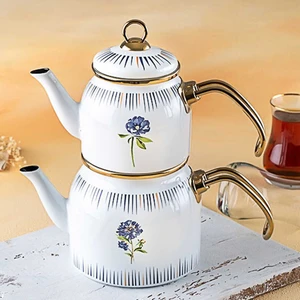 Rain Mini Desenli Emaye Çaydanlık Takımı Beyaz