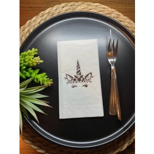 Gümüş Yaldızlı Beyaz Unicorn Garson Katlama Peçete 16 Lı