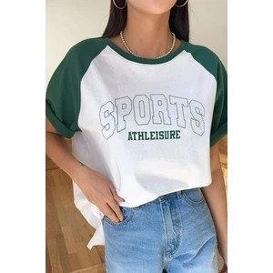Kadın Sports Baskılı Bisiklet Yaka Oversize Boyfriend T-Shirt