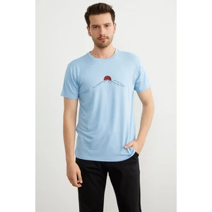 Sıfır Yaka Baskılı Kısa Kol Tişört - Mavi