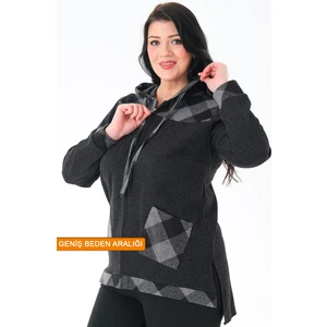 Lady Majestic Ekose Kapüşonlu Dokuma Büyük Beden Hırka