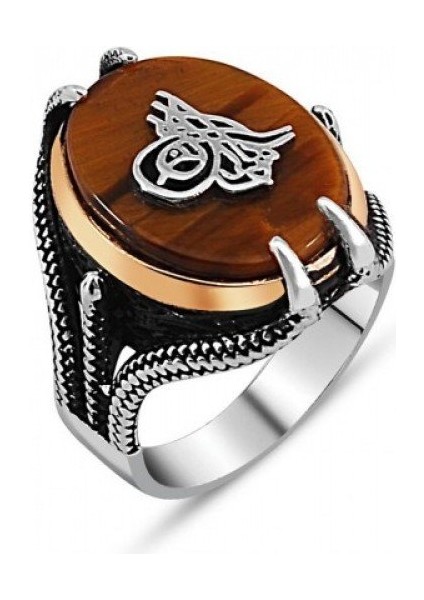 925 Ayar Gümüş Kaplangözü Taşlı Tuğra Model Erkek Yüzük