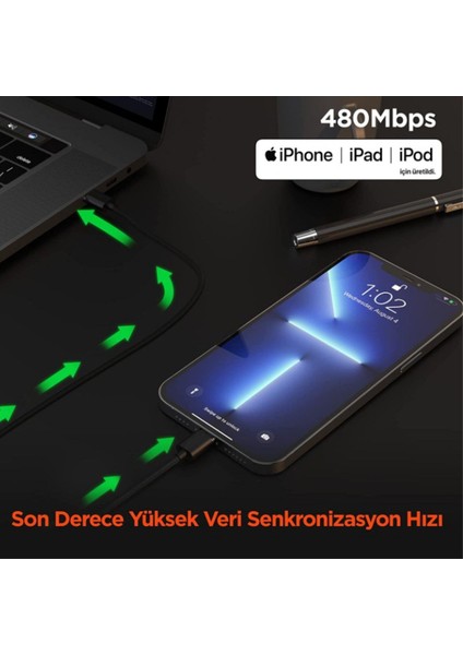 iPhone Type-C To Lightning Örgülü Hızlı Şarj ve Data Kablosu 1 Metre Siyah