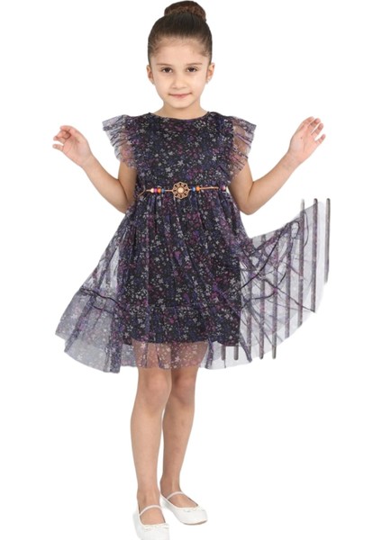 Kız Çocuk Çiçek Desenli Kemer Detaylı Tüllü Elbise