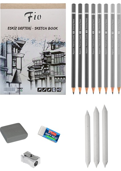 Fio A5 Eskiz Defterli Karakalem Çizim Seti Eskiz Seti Bigpoint Dereceli Kalem Seti Pastel Dağıtıcı