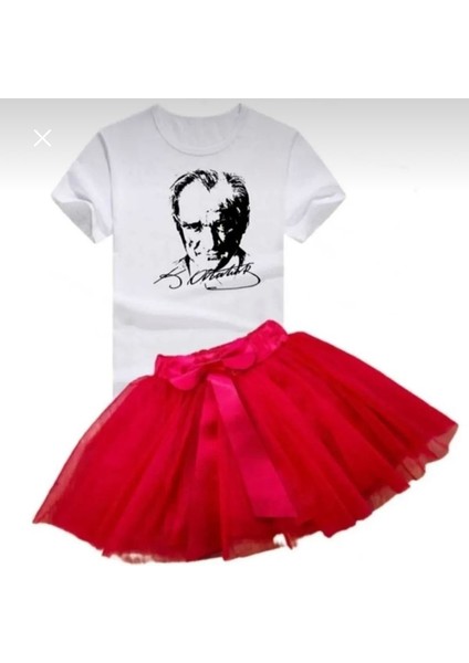Kız Çocuk 23 Nisan 29 Ekim Gösteri Doğumgünü Kıyafeti Desenli Kısa Kol Beyaz T-Shırt Tütü Etek Takım