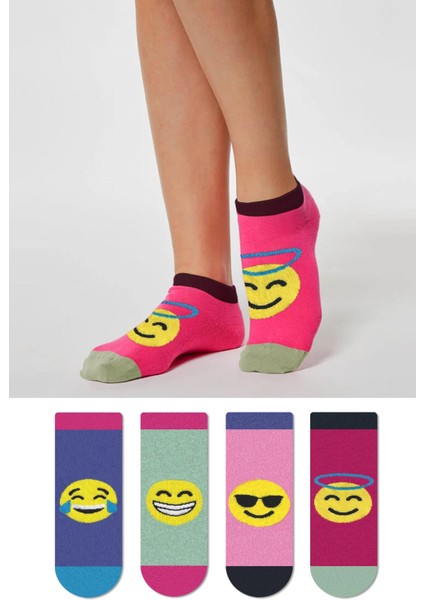 Renkli Emoji Desenli Dört Mevsim Unisex 4'lü Patik Çorap Seti