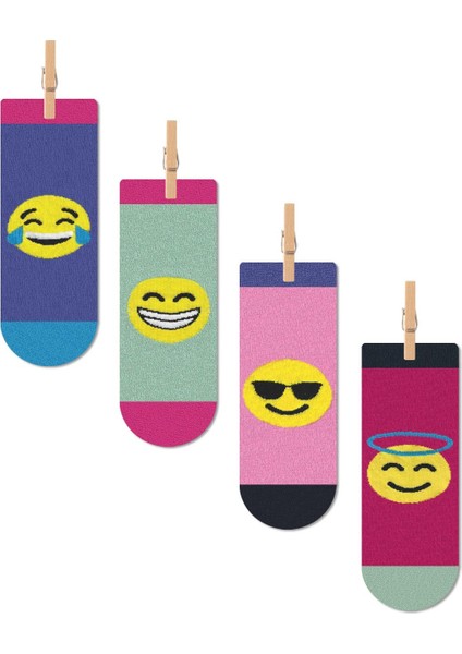 Renkli Emoji Desenli Dört Mevsim Unisex 4'lü Patik Çorap Seti