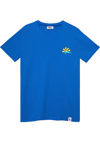 Dalga Motifli Unisex Tişört - Mavi - L