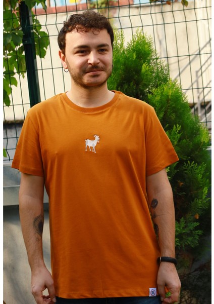 Keçi Motifli Unisex Tişört - Tütün - M