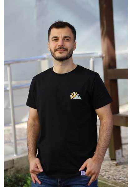 Dağ Motifli Unisex Tişört - Siyah - Xl