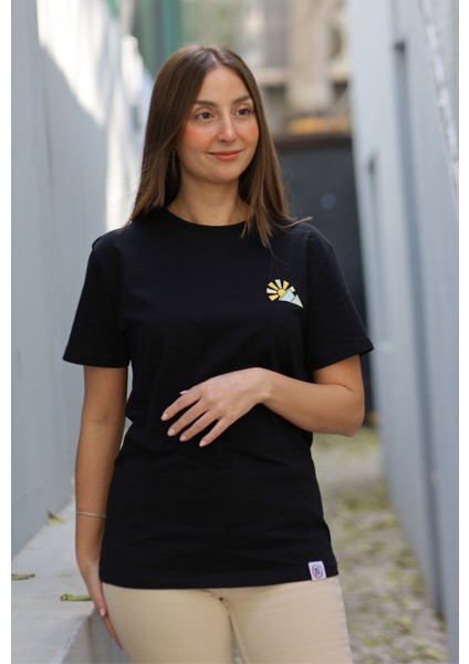 Dağ Motifli Unisex Tişört - Siyah - Xl