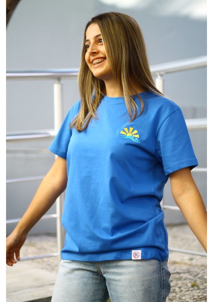 Dalga Motifli Unisex Tişört - Mavi - M