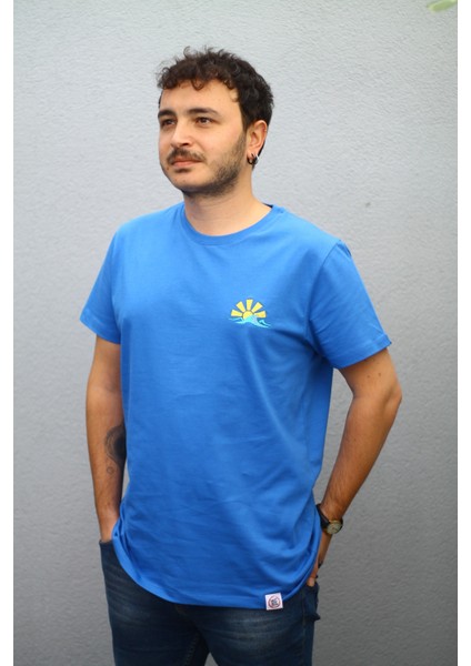 Dalga Motifli Unisex Tişört - Mavi - M