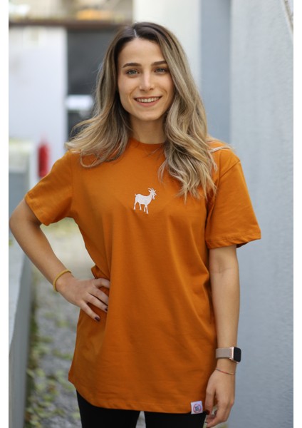 Keçi Motifli Unisex Tişört - Tütün - Xl