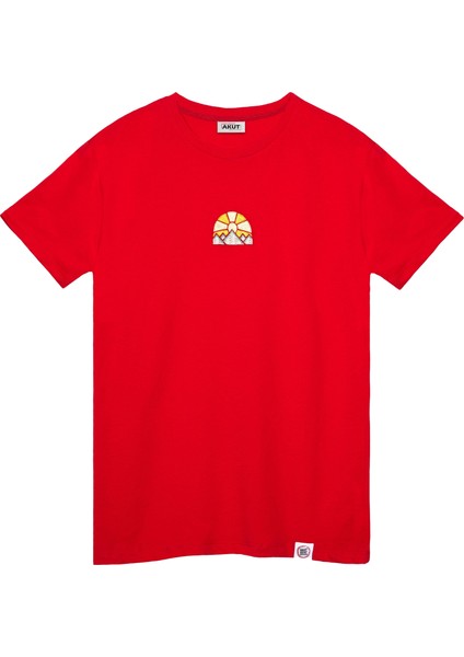 Doğan Güneş Motifli Unisex Tişört - Kırmızı - M
