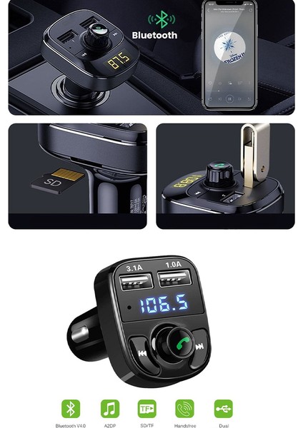 Universal Otomobillere Uyumlu Araç Fm Transmitter Bluetooth Cihazı Araba Mp3 Çalar Oto Çakmaklık Şarj Aleti Müzik Kiti