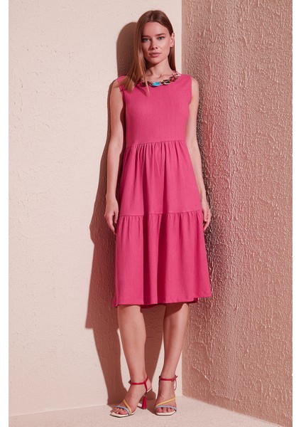 Kolye Detaylı Rahat Kesim Kolsuz Midi Elbise Bayan Elbise 5865099