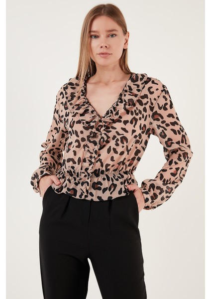 Leopar Desenli Fırfırlı V Yaka Tül Bluz Bayan Bluz 611KB2034 fırsatları